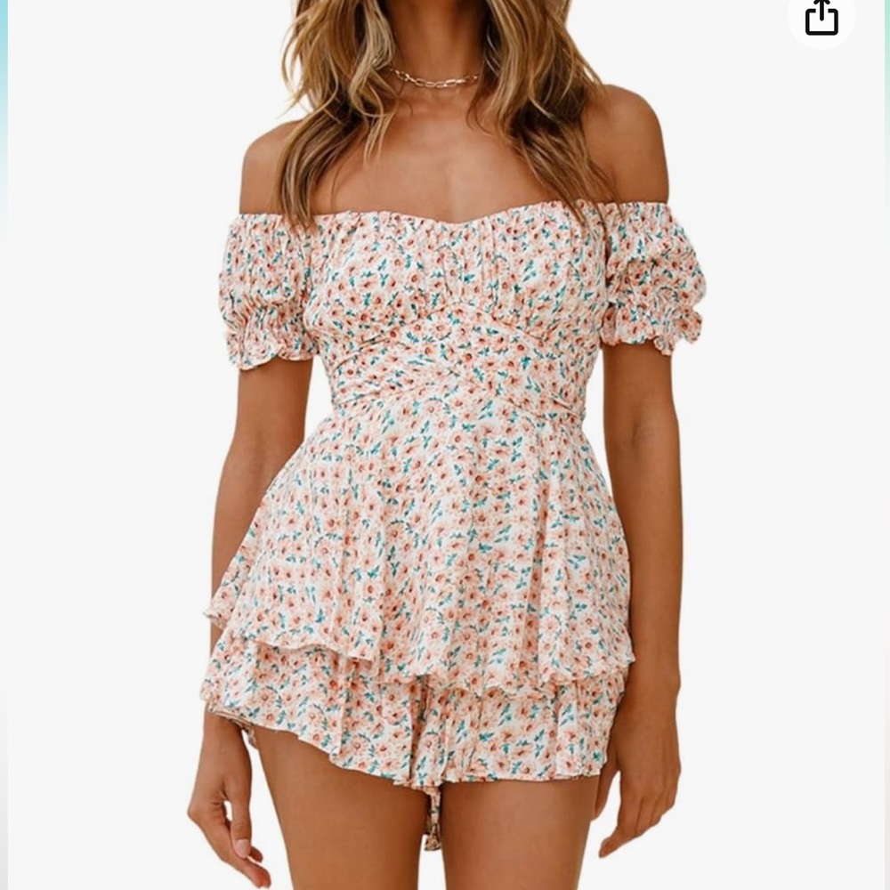 Fixmatti Women Boho Romper Off Shoulder Ruffle Chiffon Shorts Jumpsuit Playsuits